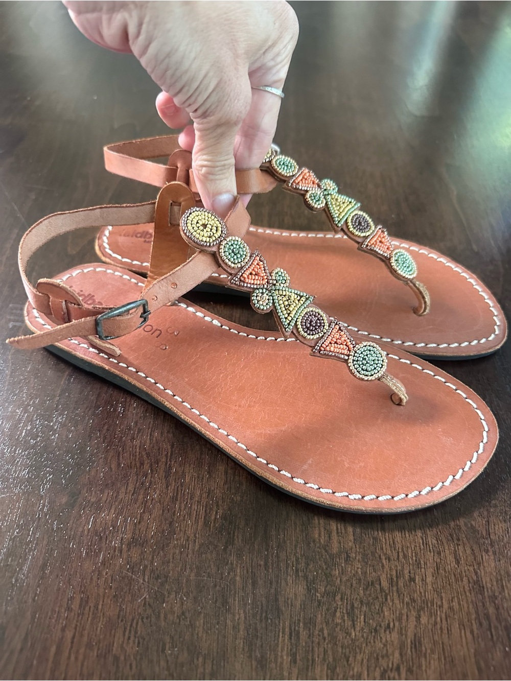 Free People Laidback London Tan Beaded T Strap Sandals Made In Kenya 38 7 NWT